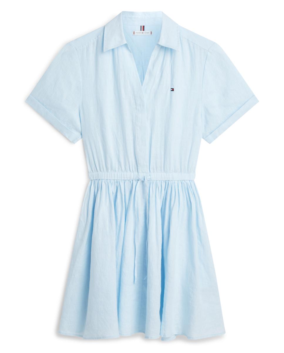 Vestido Curto de Linho com Manga Curta Azul-claro-5