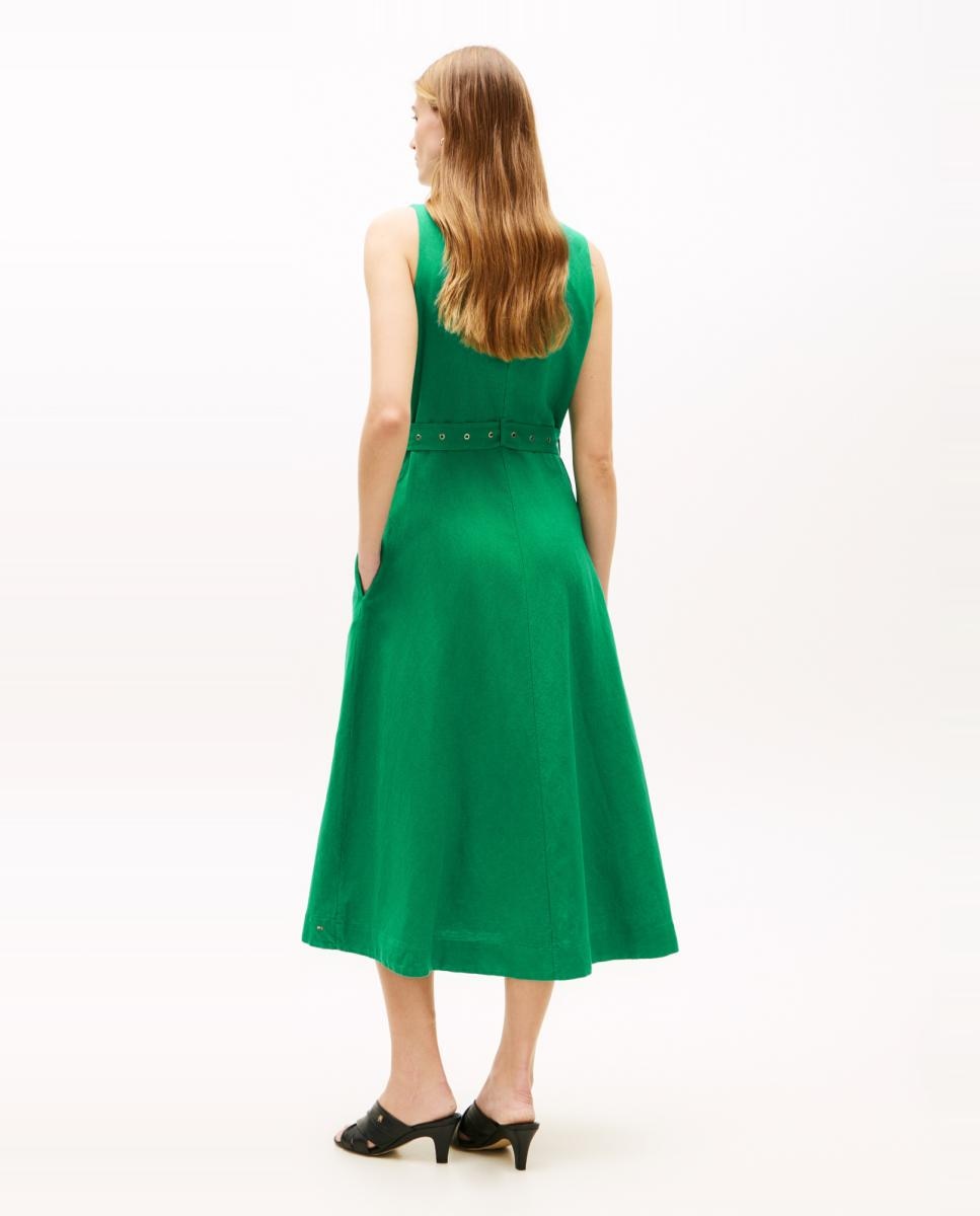 Vestido Midi em Mistura de Linho e Viscose sem Mangas Esmeralda-2