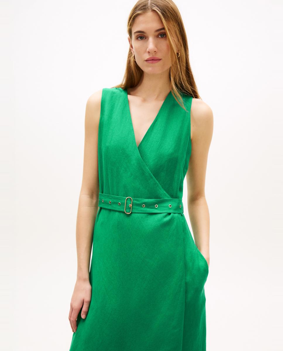 Vestido Midi em Mistura de Linho e Viscose sem Mangas Esmeralda-3