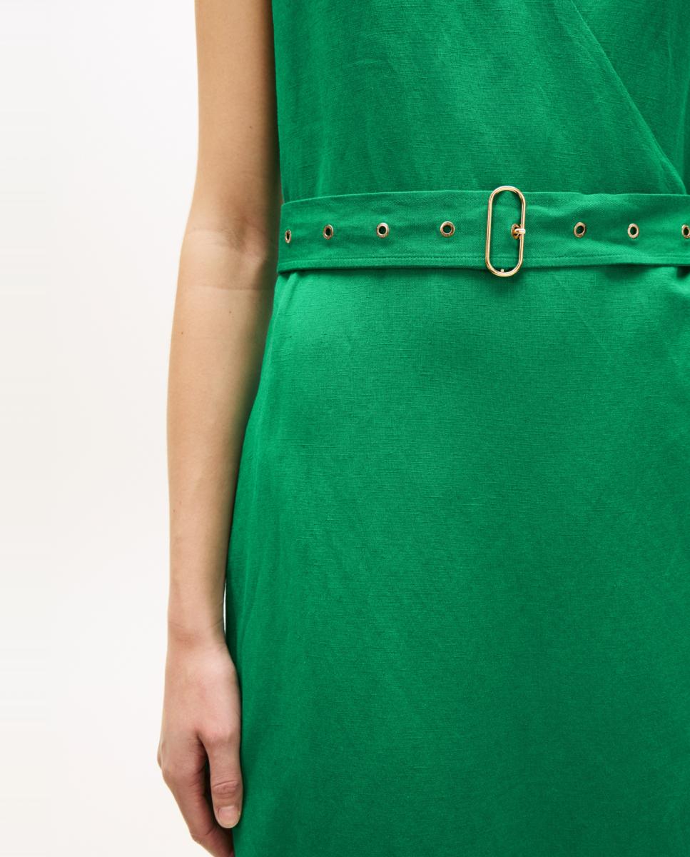Vestido Midi em Mistura de Linho e Viscose sem Mangas Esmeralda-4