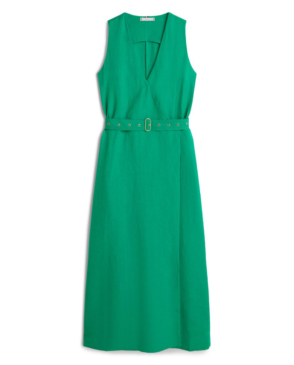 Vestido Midi em Mistura de Linho e Viscose sem Mangas Esmeralda-5