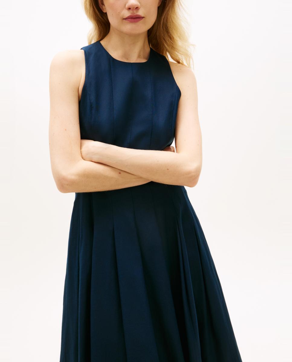 Vestido Midi de Linho com Botões Dourados Azul-marinho-2