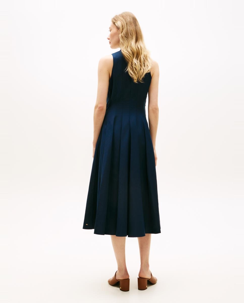 Vestido Midi de Linho com Botões Dourados Azul-marinho-4
