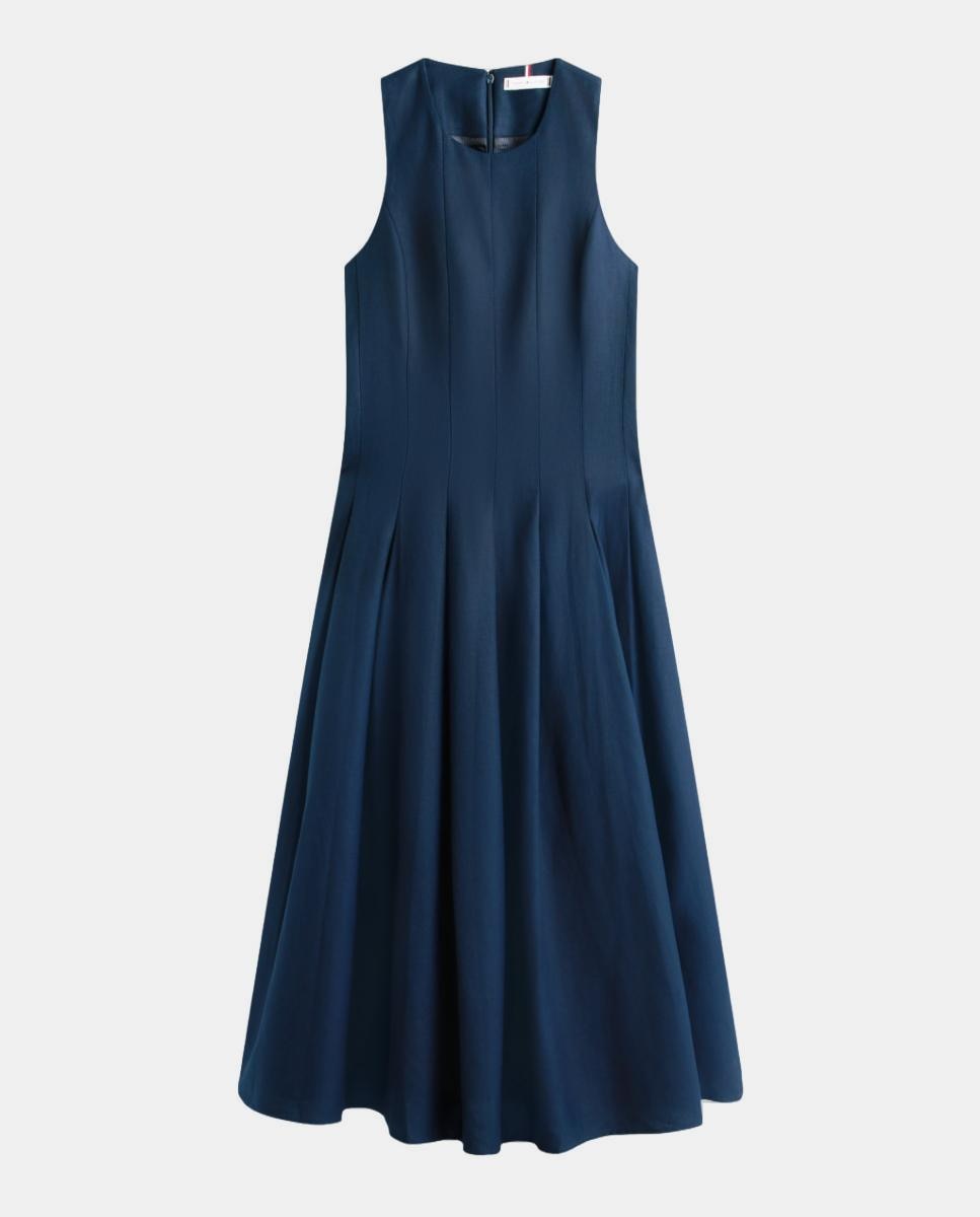 Vestido Midi de Linho com Botões Dourados Azul-marinho-5