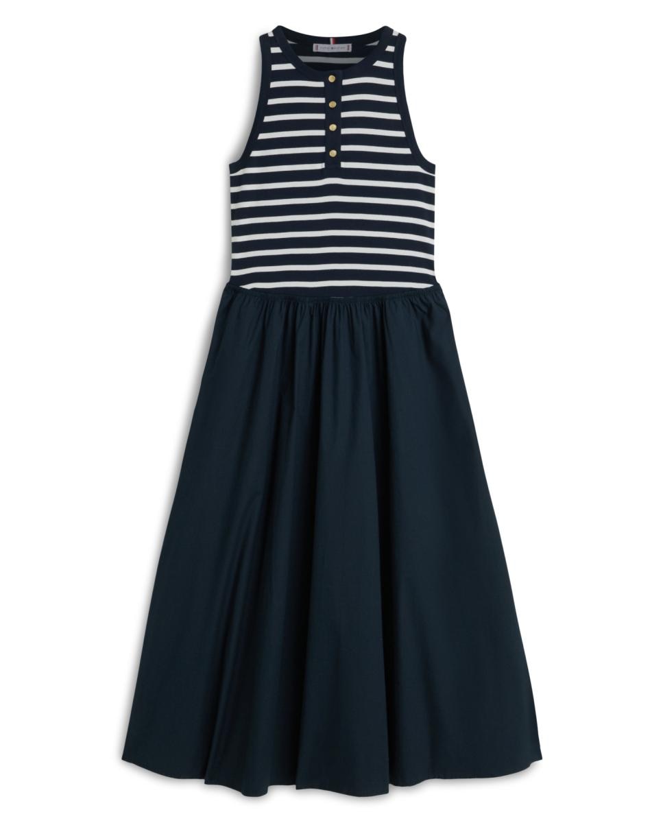 Imagem 0 de Vestido sem Mangas com Corpo às Riscas e Saia Evasê