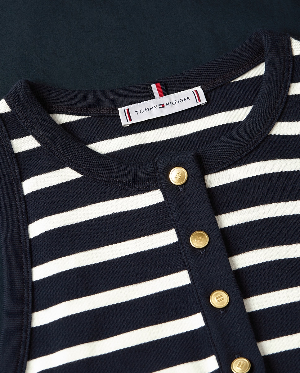 Vestido sem Mangas com Corpo às Riscas e Saia Evasê Azul-marinho-3