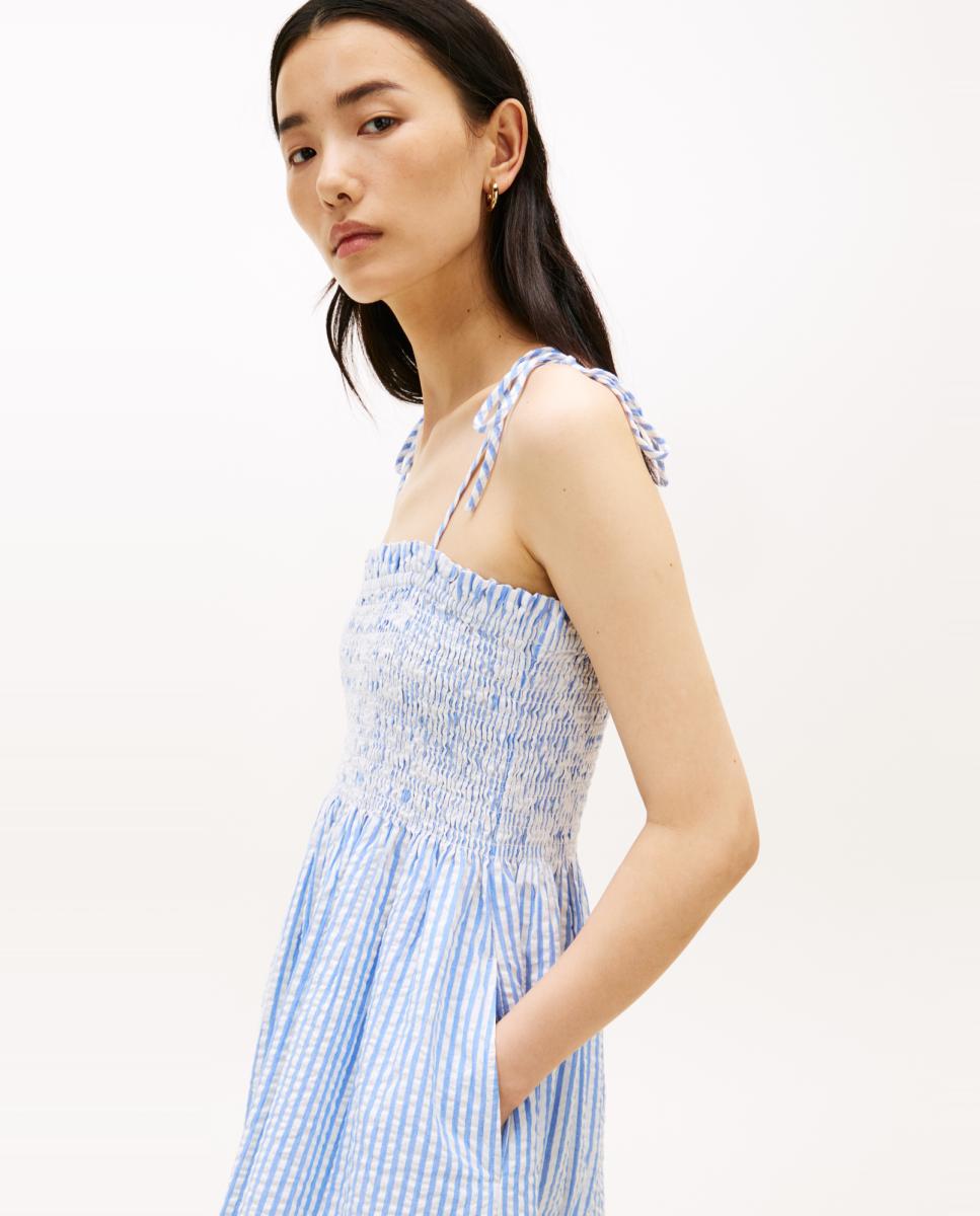 Vestido Midi Seersucker com Favos de Mel Azul-claro-3