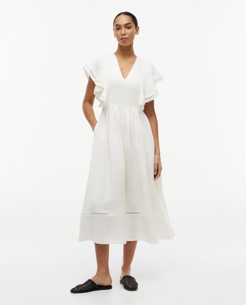 Imagem 0 de Vestido Midi de Linho com Folhos e Manga Curta