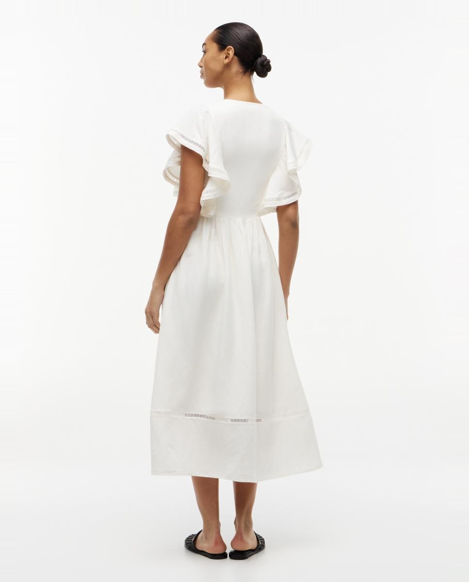 Vestido Midi de Linho com Folhos e Manga Curta Branco-2