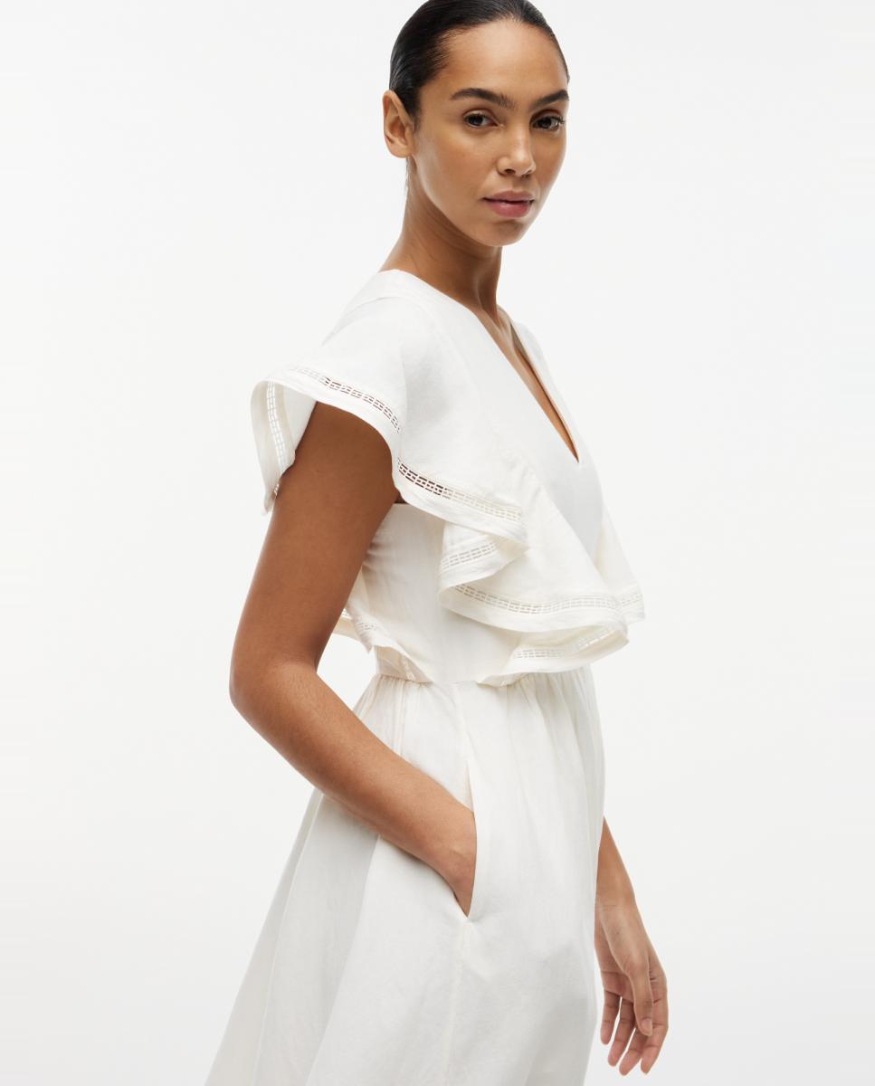 Vestido Midi de Linho com Folhos e Manga Curta Branco-4