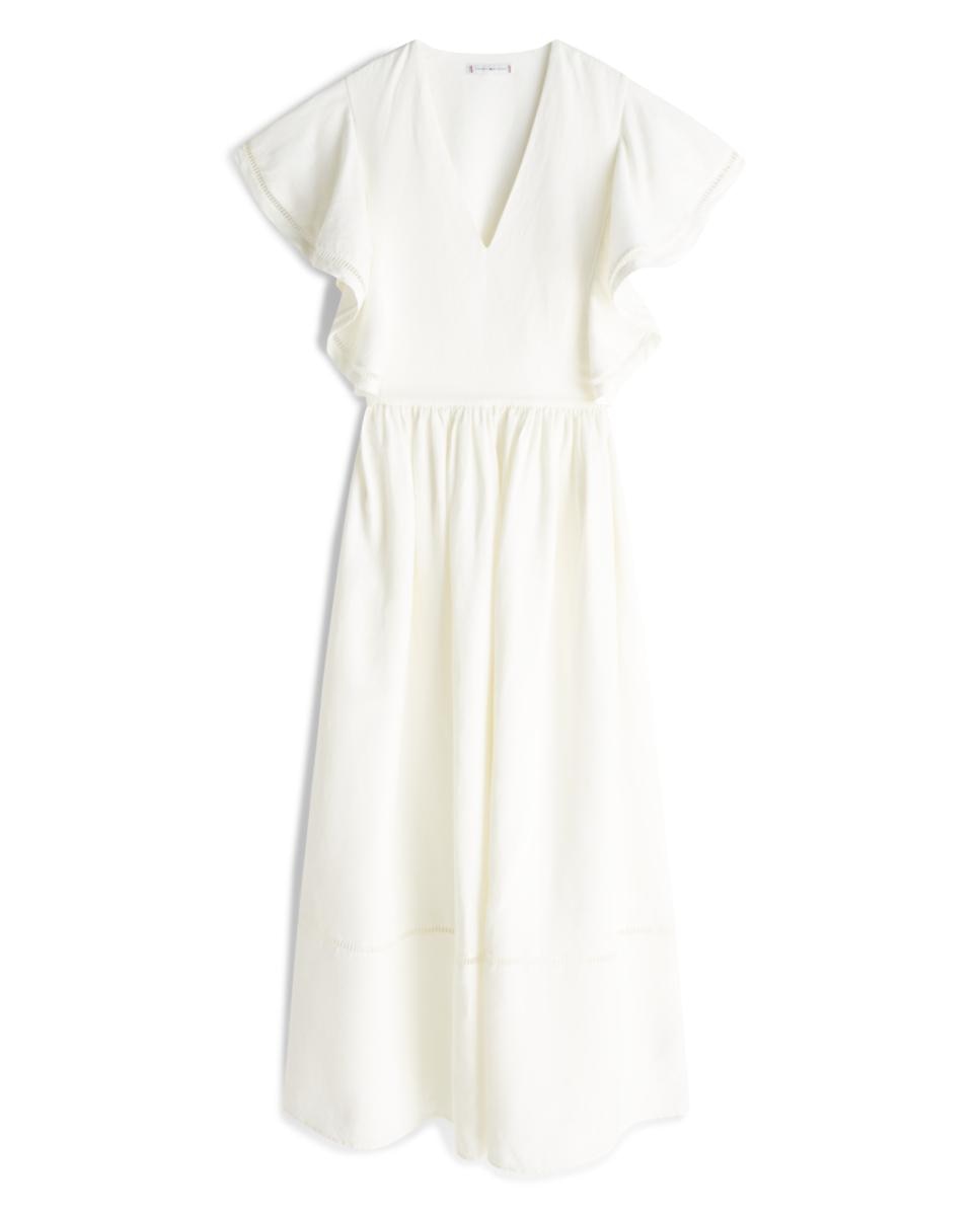 Vestido Midi de Linho com Folhos e Manga Curta Branco-5