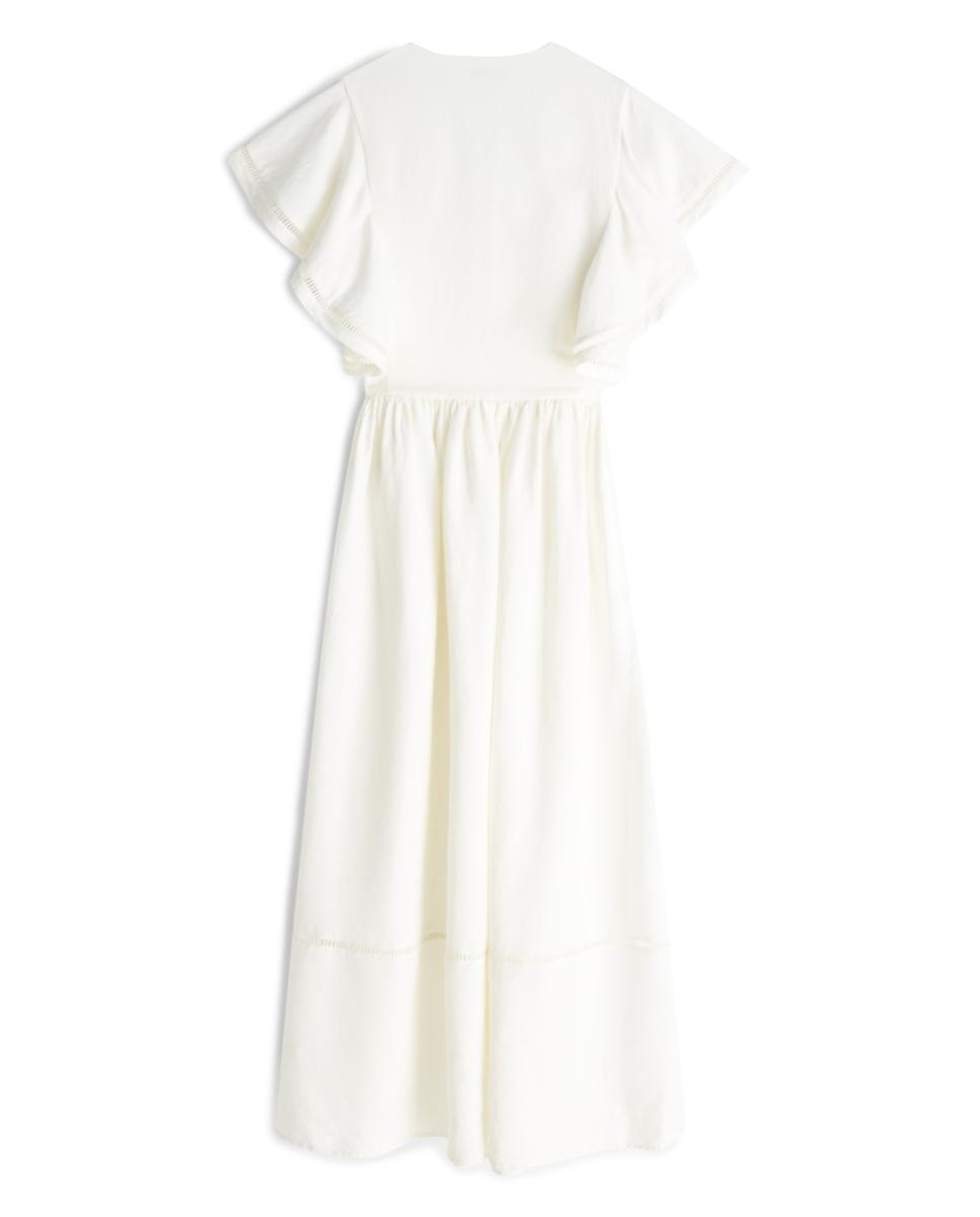 Vestido Midi de Linho com Folhos e Manga Curta Branco-6