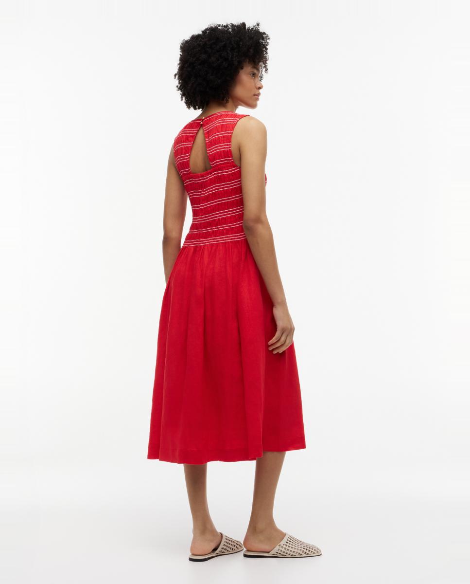 Vestido Midi de Linho sem Mangas e com Corpo de Favos de Mel Vermelho-2