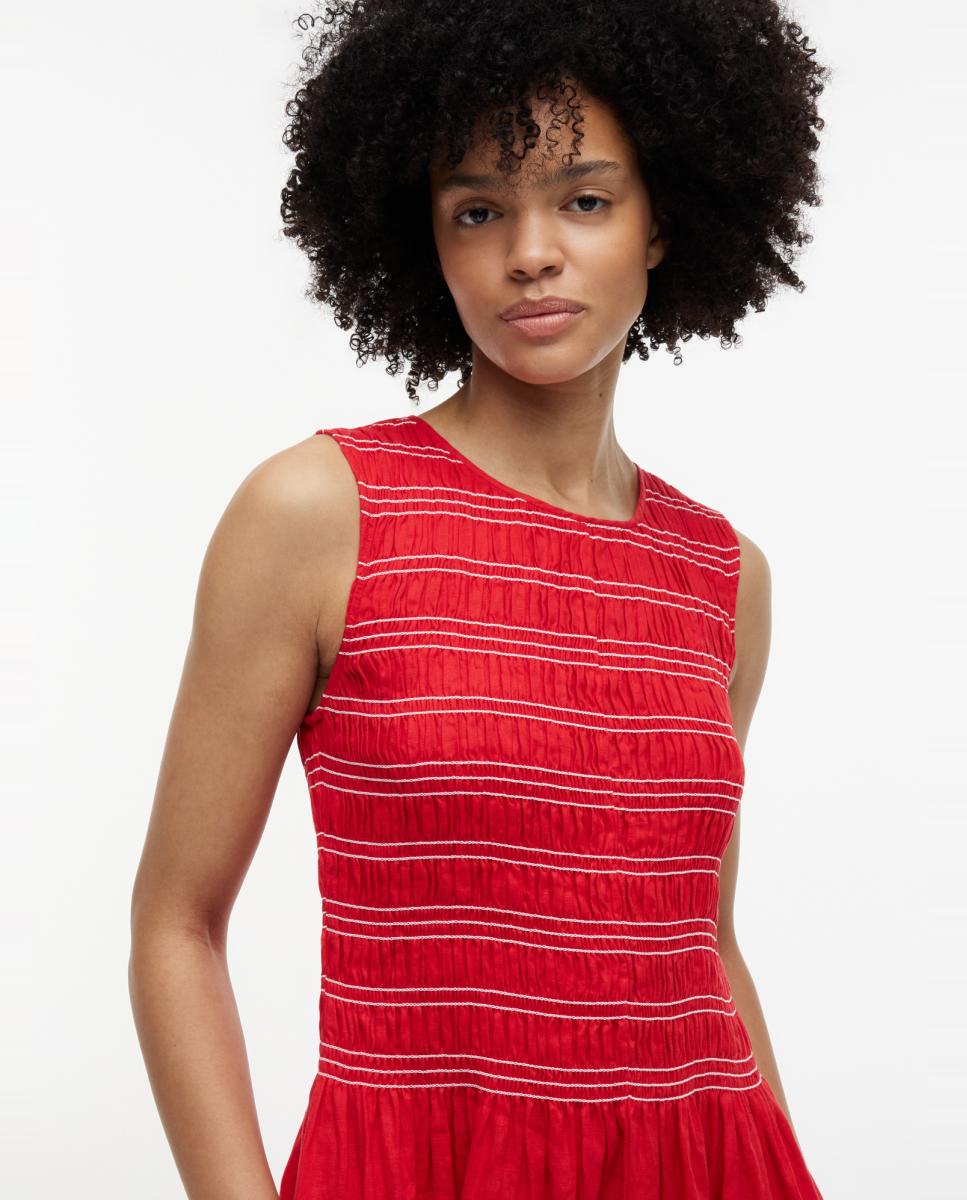 Vestido Midi de Linho sem Mangas e com Corpo de Favos de Mel Vermelho-3
