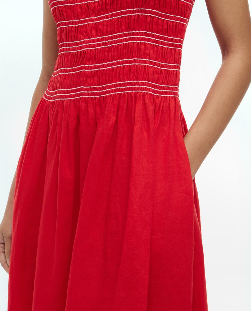 Vestido Midi de Linho sem Mangas e com Corpo de Favos de Mel Vermelho-4