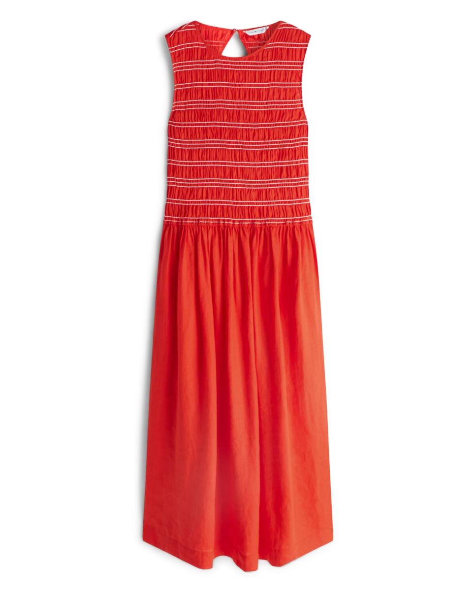 Vestido Midi de Linho sem Mangas e com Corpo de Favos de Mel Vermelho-5