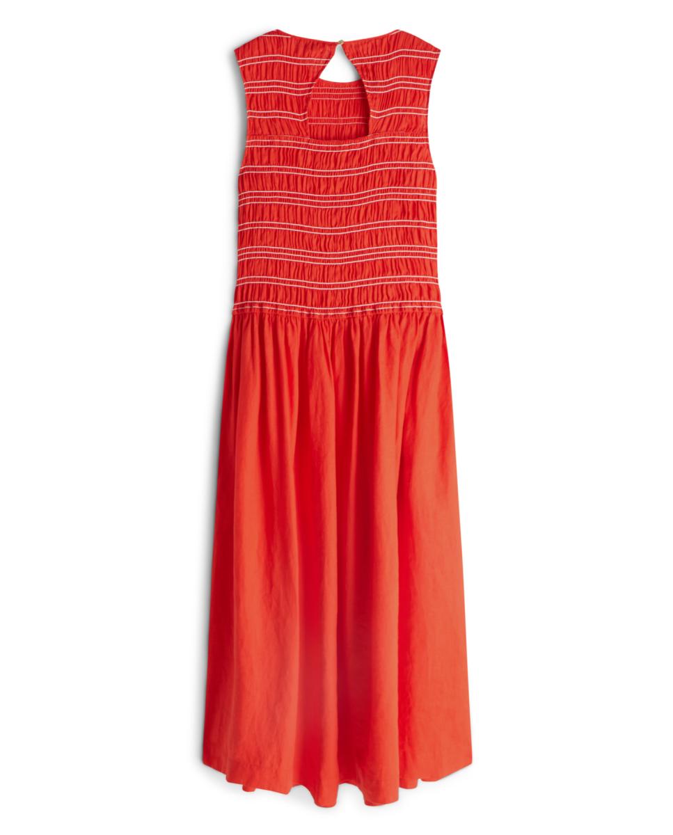 Vestido Midi de Linho sem Mangas e com Corpo de Favos de Mel Vermelho-6
