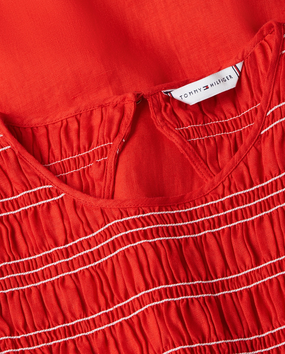Vestido Midi de Linho sem Mangas e com Corpo de Favos de Mel Vermelho-7