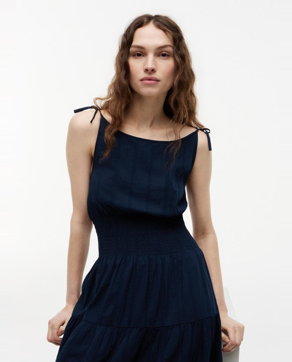 Vestido Midi sem Mangas com Alças Ajustáveis e Favos de Mel Azul-marinho-3
