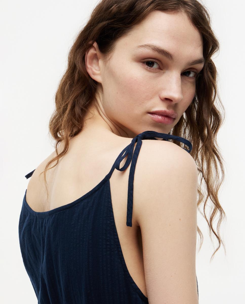 Vestido Midi sem Mangas com Alças Ajustáveis e Favos de Mel Azul-marinho-4
