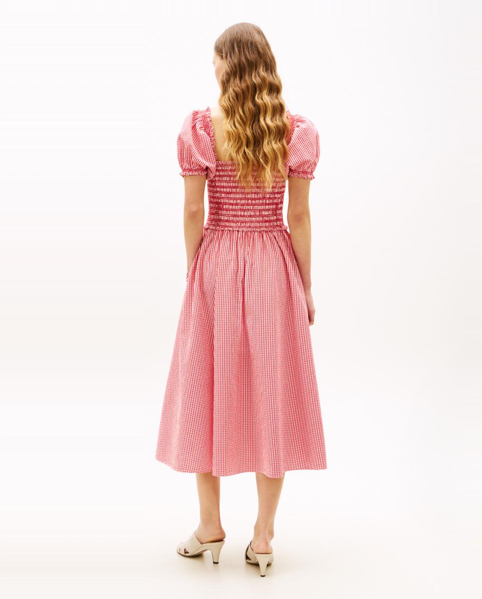Vestido Midi aos Quadrados com Favos de Mel e Mangas em Balão Vermelho-2