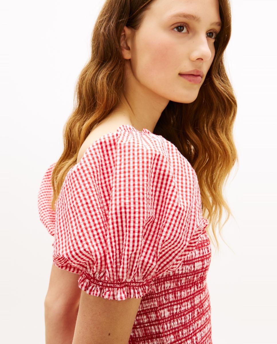 Vestido Midi aos Quadrados com Favos de Mel e Mangas em Balão Vermelho-3
