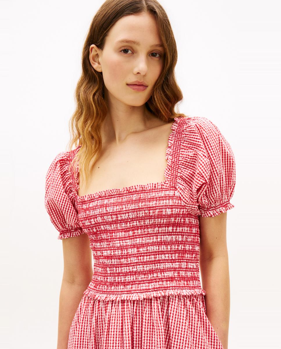 Vestido Midi aos Quadrados com Favos de Mel e Mangas em Balão Vermelho-5