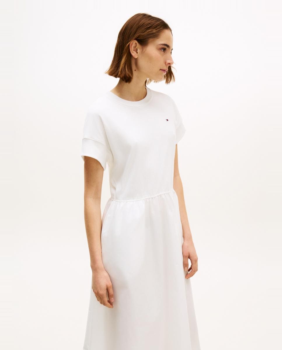 Vestido Midi com Corpo de Algodão e Saia de Popelina Branco-3