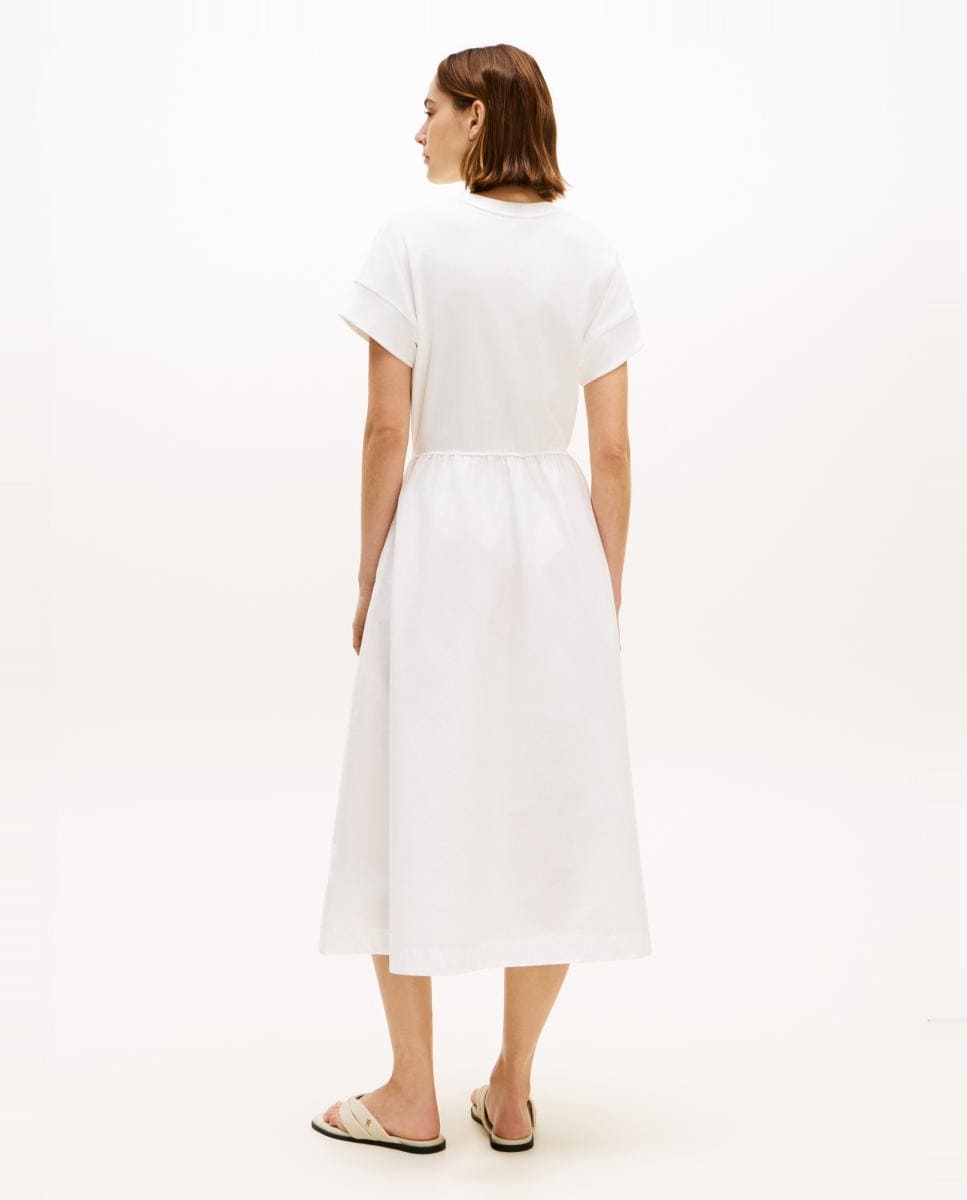 Vestido Midi com Corpo de Algodão e Saia de Popelina Branco-4
