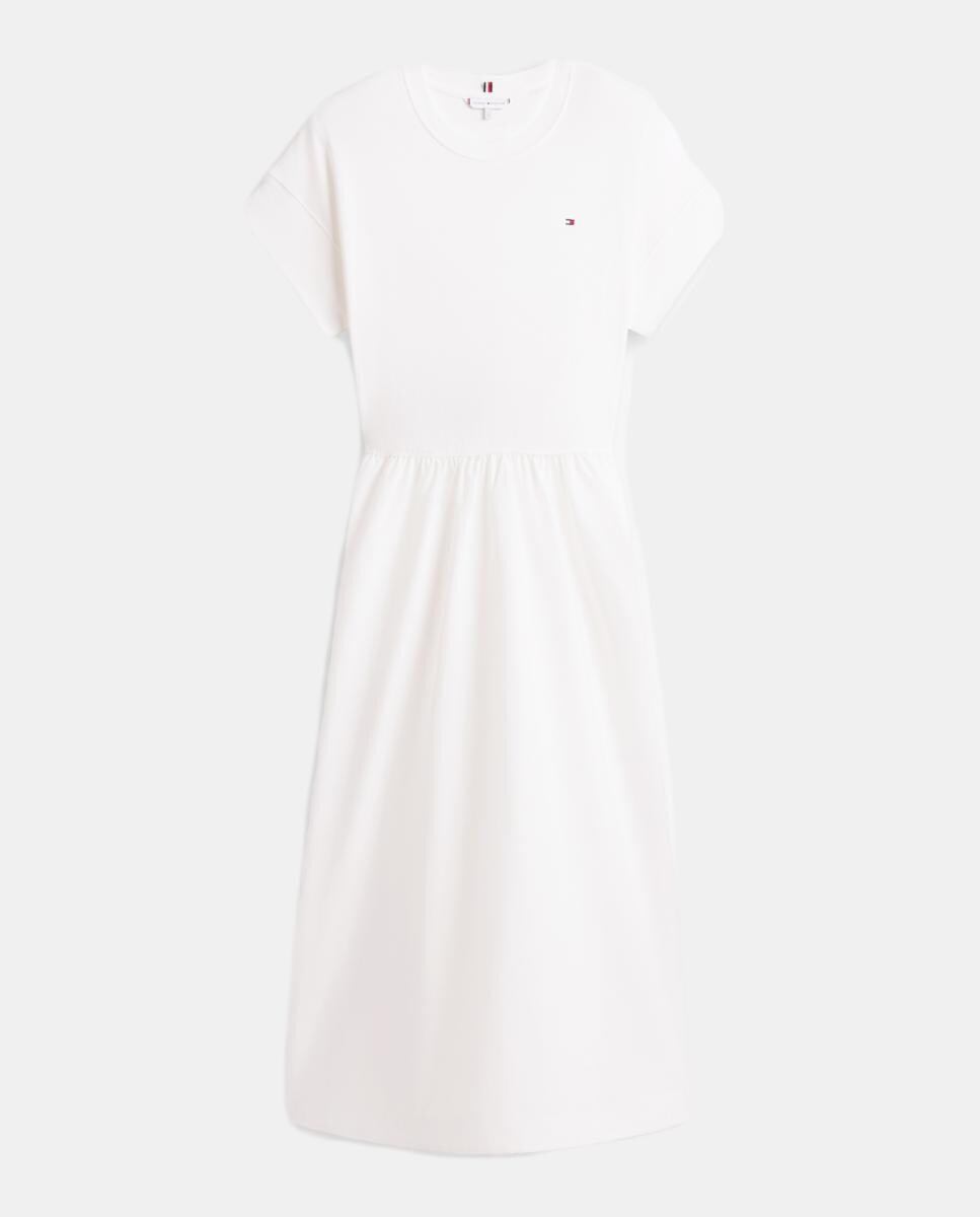 Vestido Midi com Corpo de Algodão e Saia de Popelina Branco-5