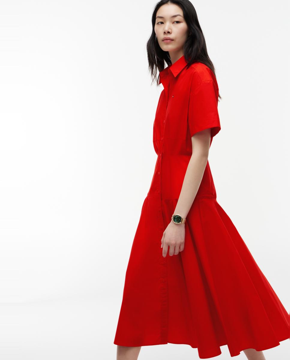 Vestido Camiseiro Midi com Manga Curta Vermelho-2