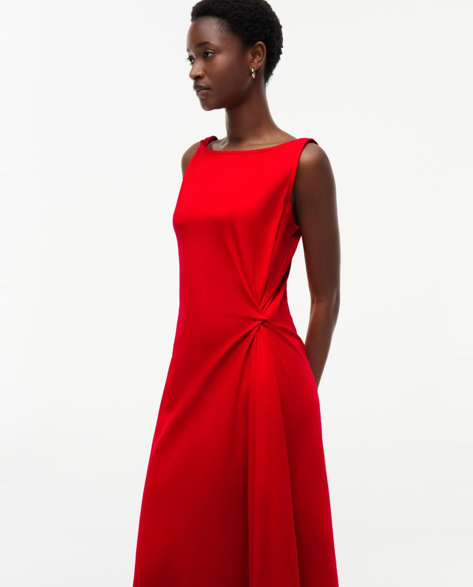 Vestido Midi sem Mangas com Detalhes Drapeados Vermelho-2