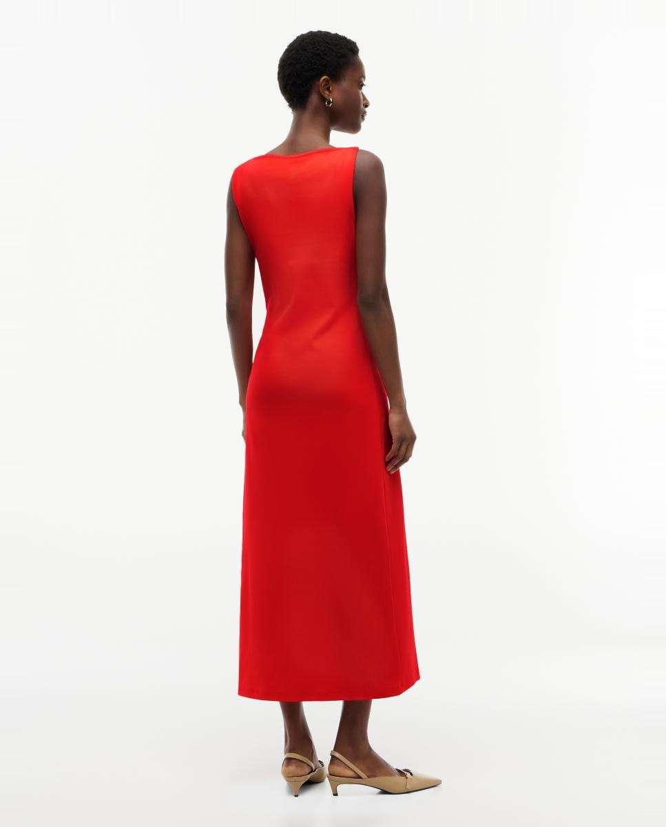 Vestido Midi sem Mangas com Detalhes Drapeados Vermelho-4