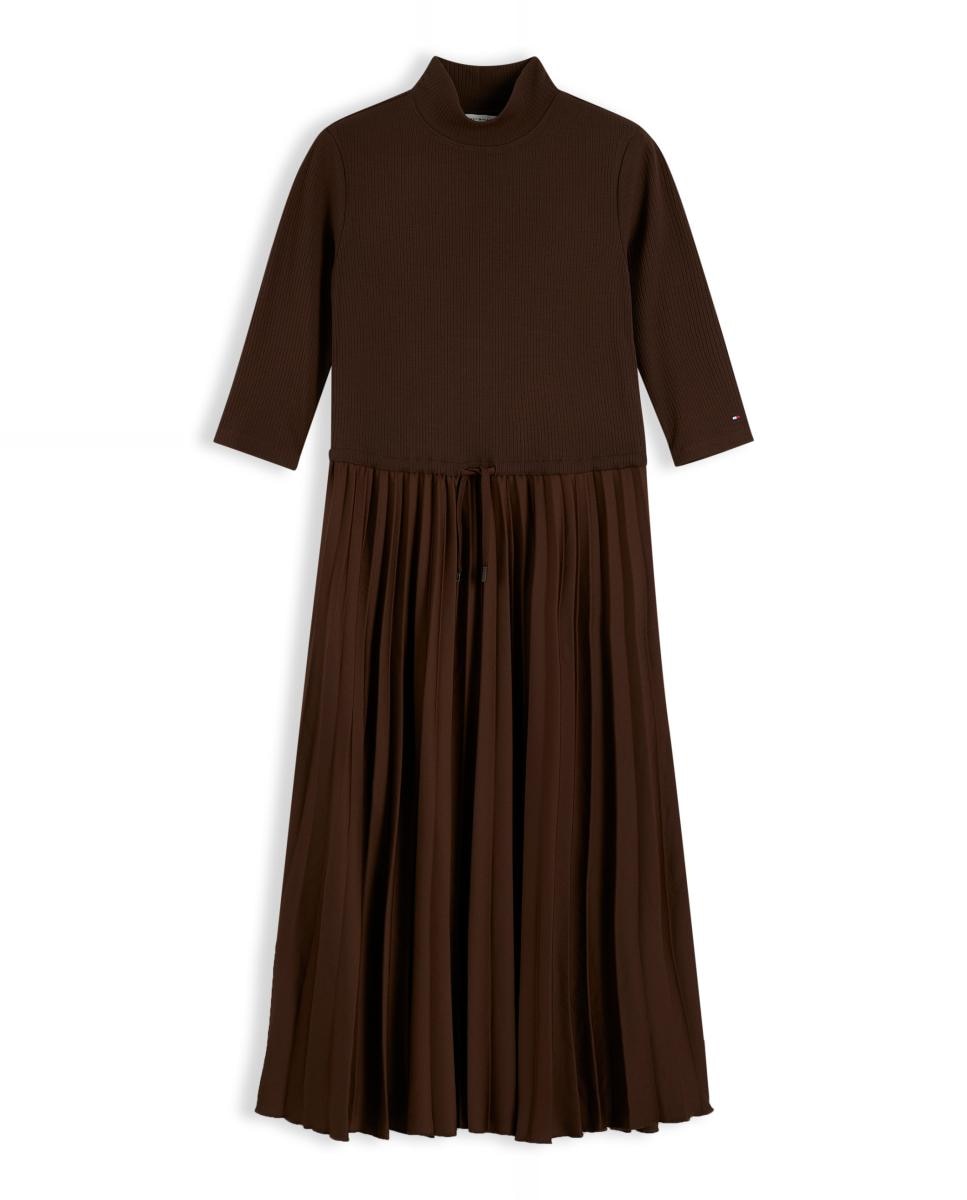 Vestido midi de cuepo canalé y falda plisada - Tommy Hilfiger - Marrón oscuro Marrón oscuro-1
