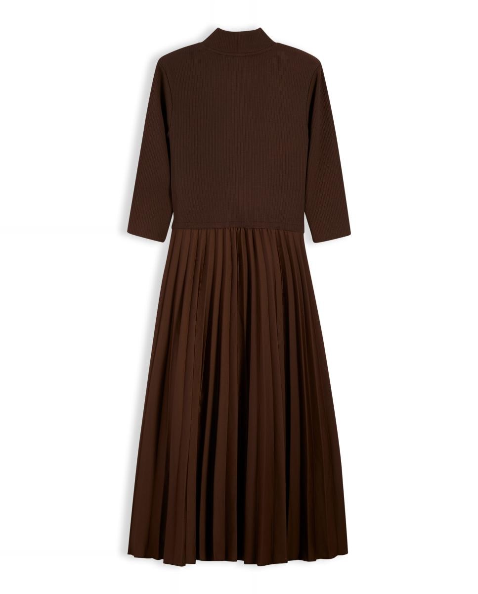 Vestido midi de cuepo canalé y falda plisada - Tommy Hilfiger - Marrón oscuro Marrón oscuro-2