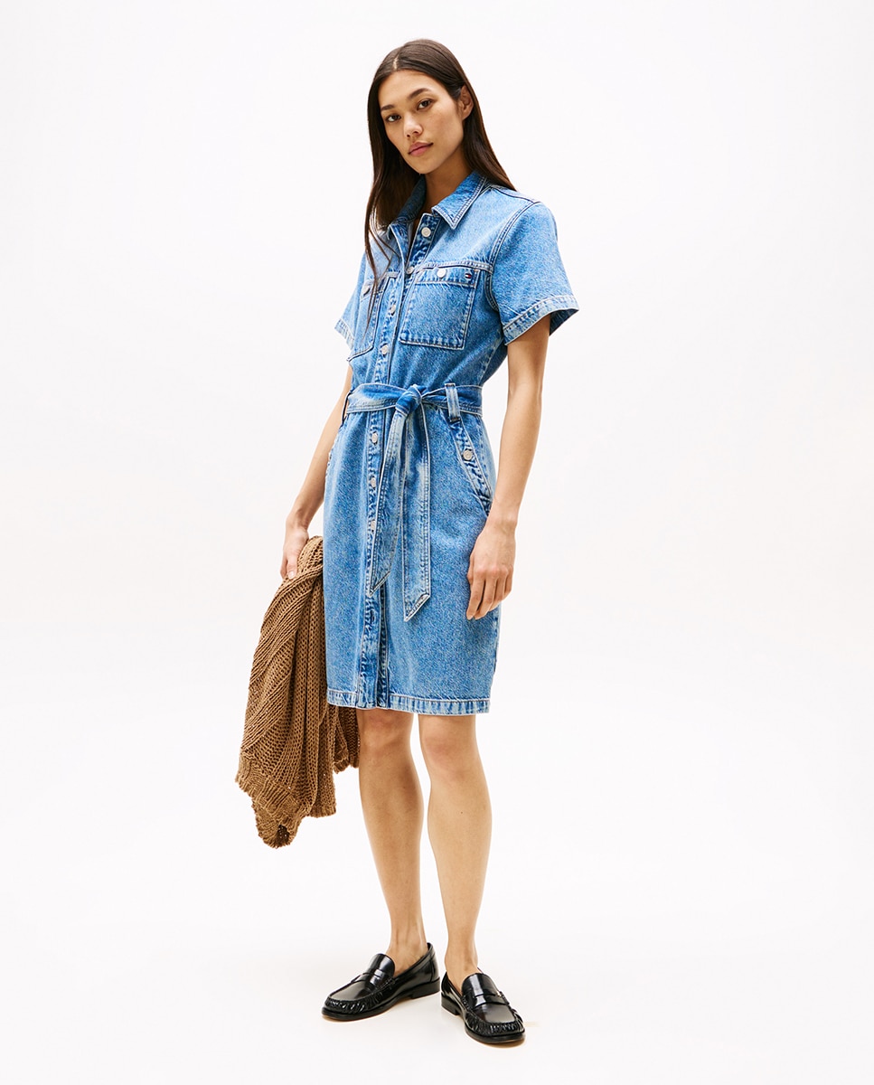 Vestido Curto de Ganga com Cinto Azul-1