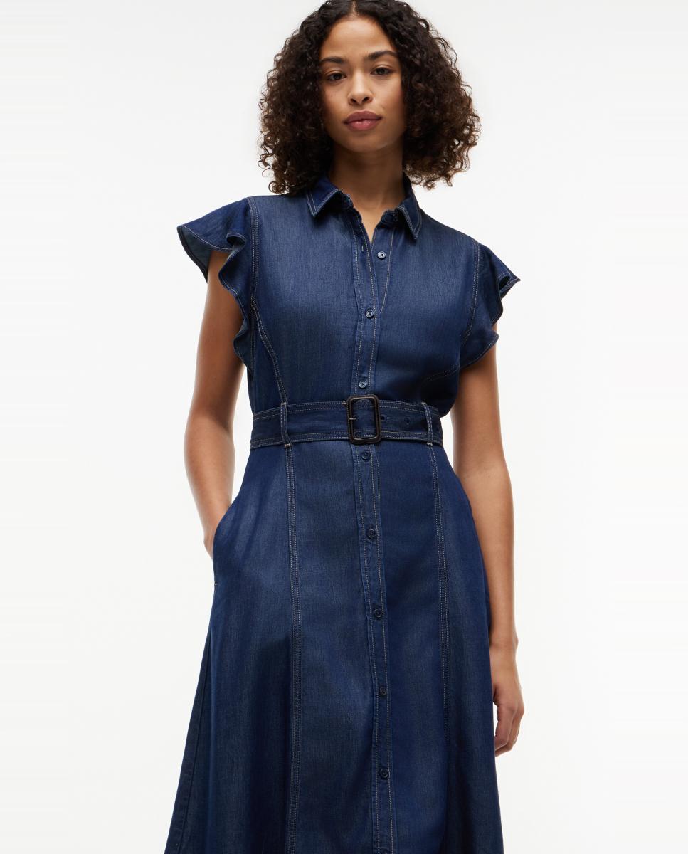 Vestido Midi de Ganga com Manga Curta com Folhos Azul-3