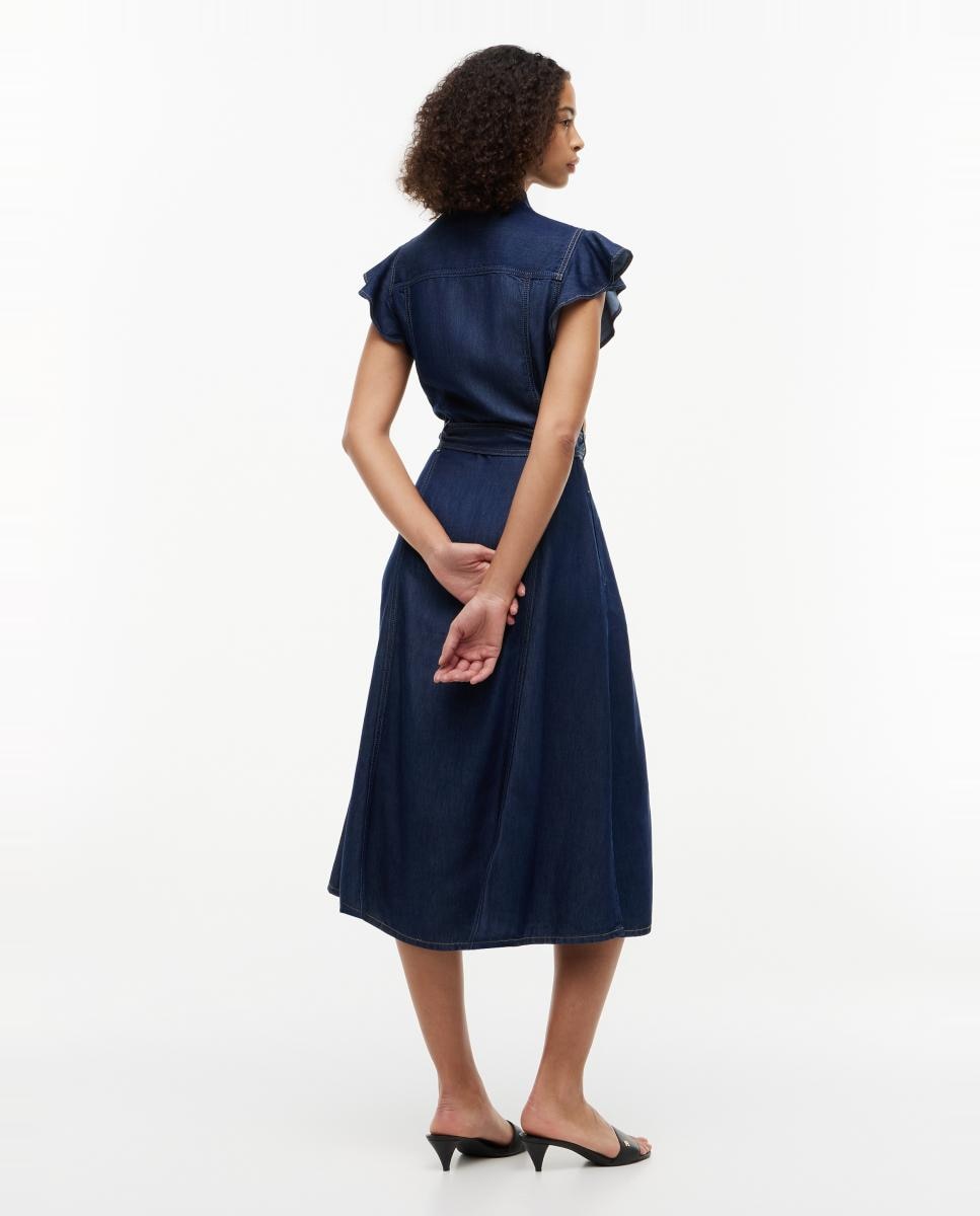 Vestido Midi de Ganga com Manga Curta com Folhos Azul-4