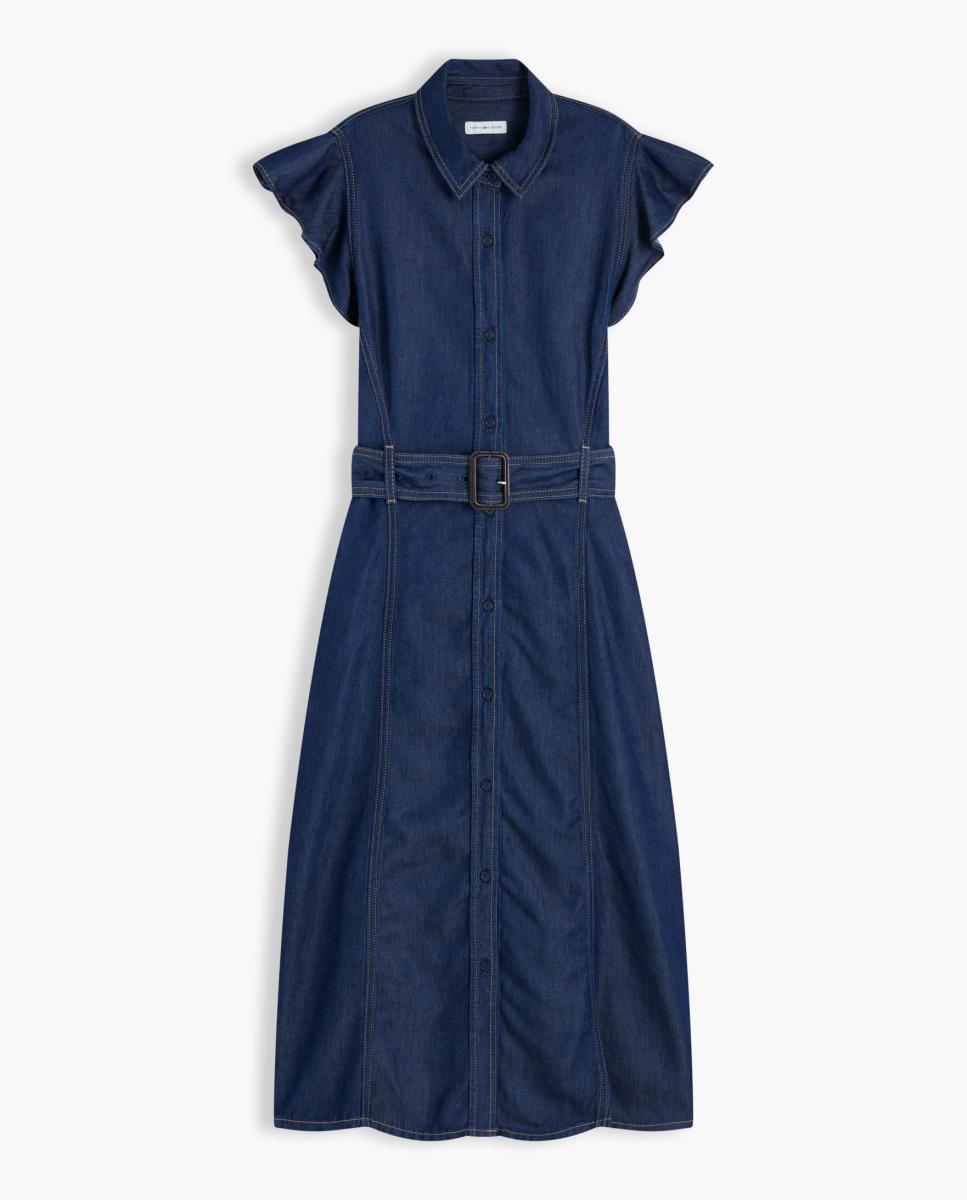 Vestido Midi de Ganga com Manga Curta com Folhos Azul-5
