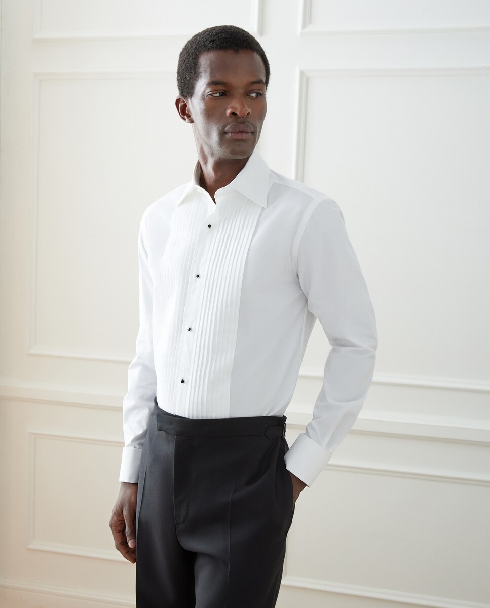 Camisa de Punho Duplo com Pregas Branco-1