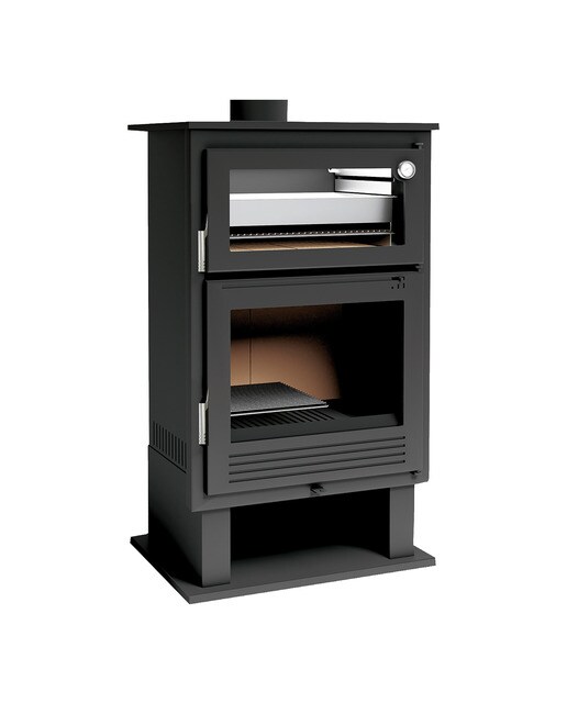 Estufa de Leña Frontal con Horno Acero Inoxidable y Leñero CH-8 Negro-1
