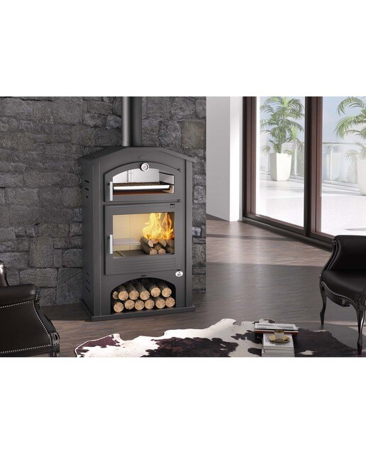 Estufa a Lenha Frontal com Forno Envolvente em Aço Inoxidável e Lenheiro M-106 Negro-2