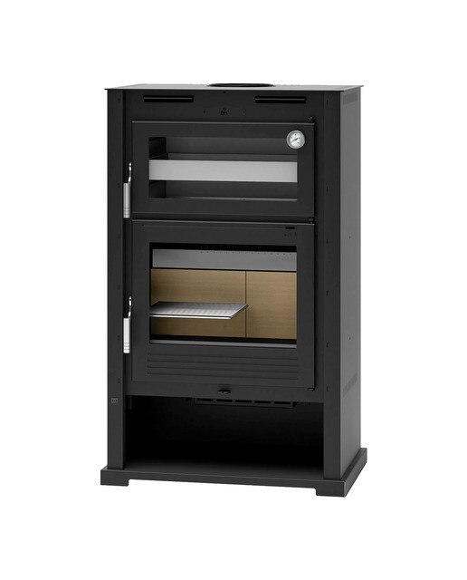 Estufa a Lenha Frontal com Forno Envolvente em Aço Inoxidável e Lenheiro M-107 T Negro-1