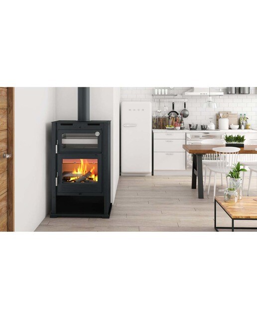 Estufa a Lenha Frontal com Forno Envolvente em Aço Inoxidável e Lenheiro M-107 T Negro-2