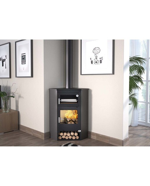 Estufa a Lenha de Canto com Forno Envolvente e Lenheiro M-105 H Negro-2