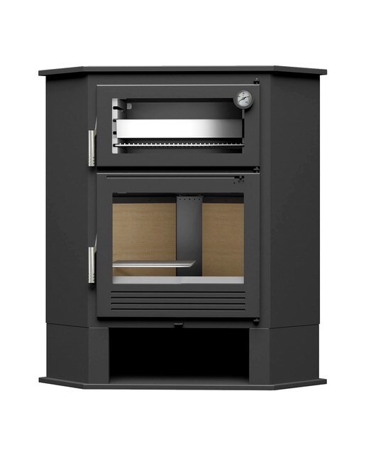 Estufa a Lenha de Canto com Forno em Aço Inoxidável e Lenheiro CH-8 R Negro-1