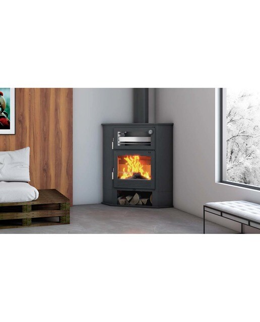 Estufa a Lenha de Canto com Forno em Aço Inoxidável e Lenheiro CH-8 R Negro-2