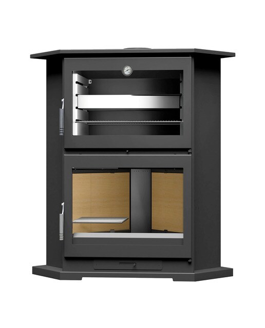 Estufa a Lenha de Canto com Forno em Aço Inoxidável e Lenheiro CH-9 R Negro-1
