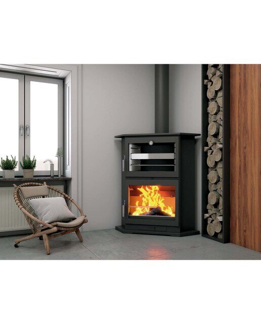 Estufa a Lenha de Canto com Forno em Aço Inoxidável e Lenheiro CH-9 R Negro-2