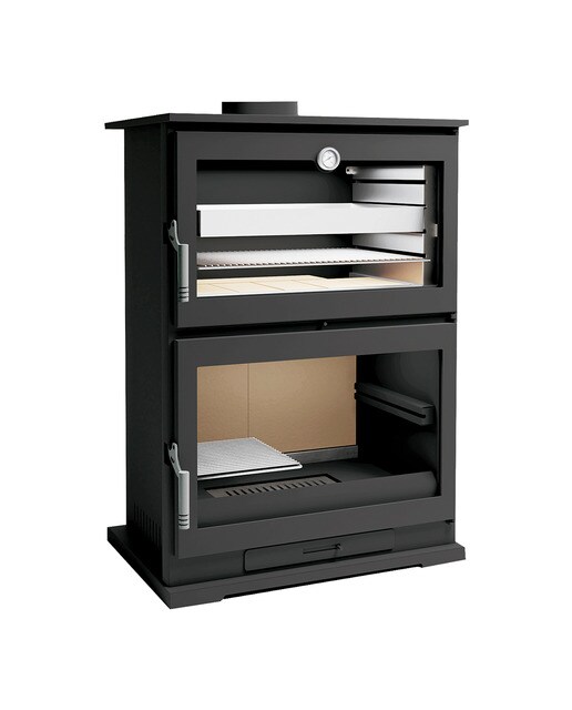 Estufa a Lenha Frontal com Forno em Aço Inoxidável e Lenheiro CH-9 Negro-1
